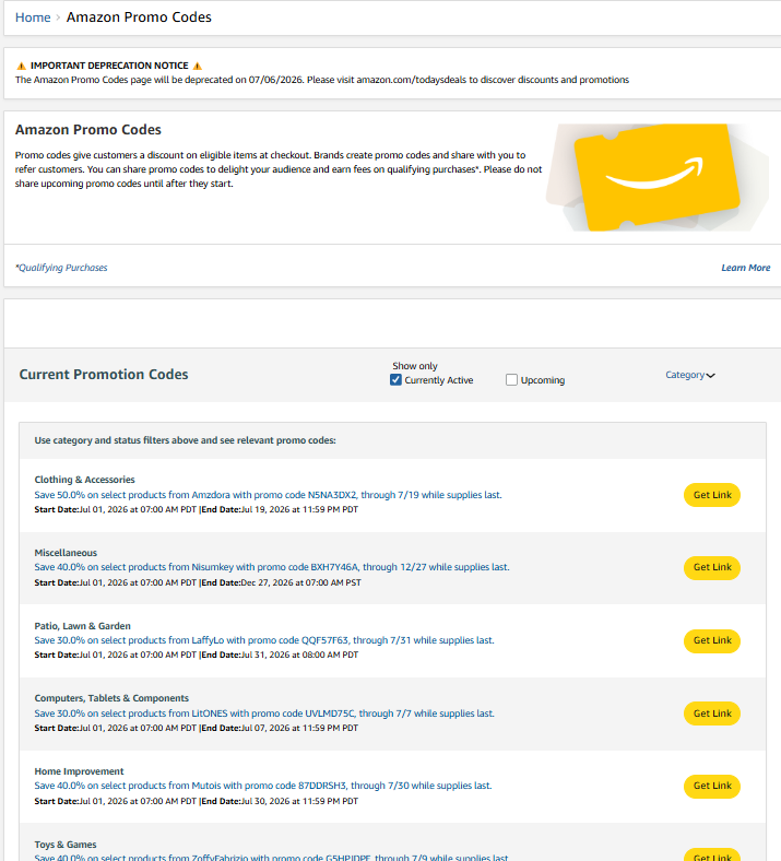 Amazon official deprecation notice for the Promo Codes page, dated 07/06/2026